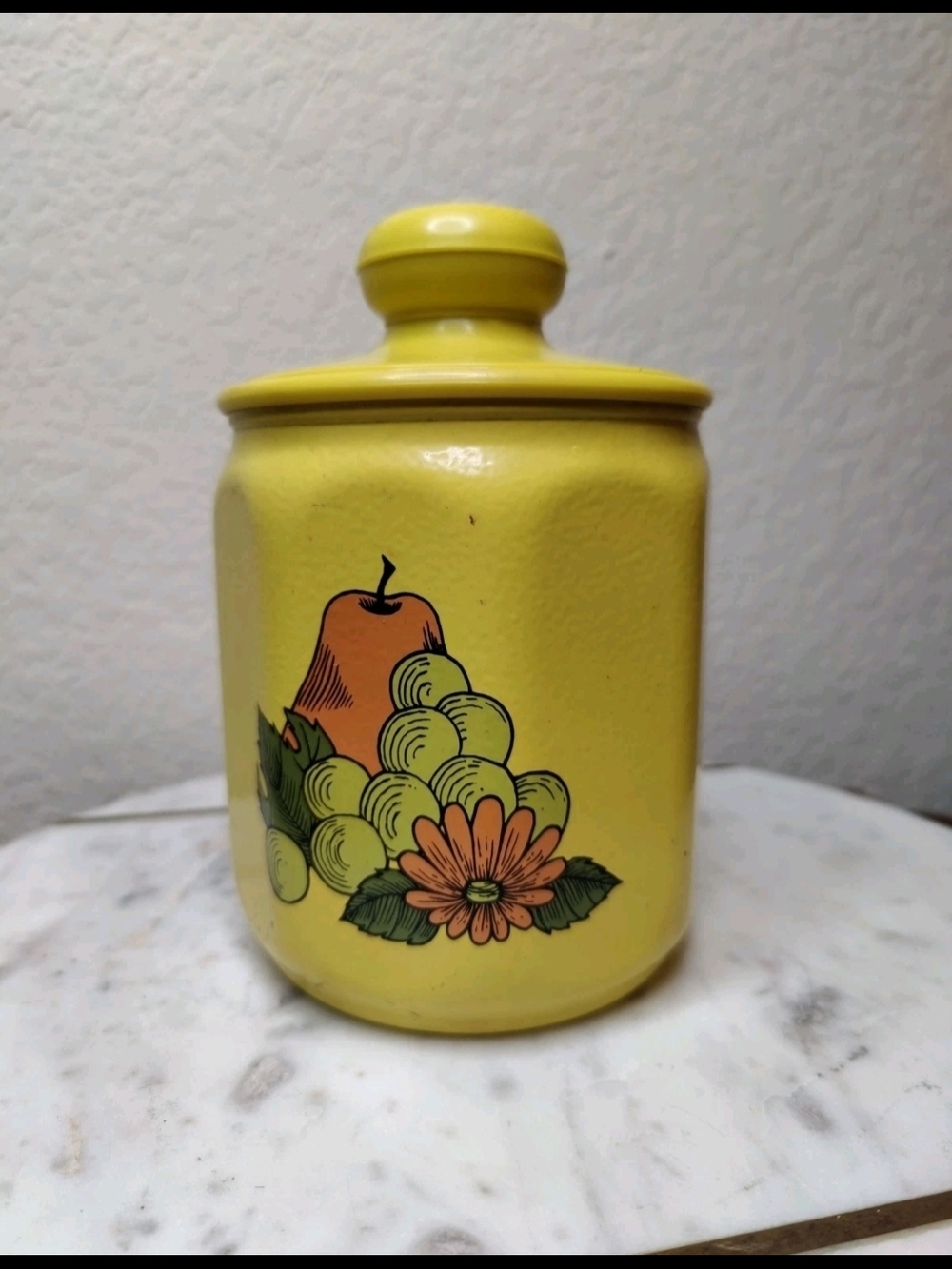 Vintage 70s Kromex Yellow Aluminum Canister Retro Fruit & Flower Kitchen Storage